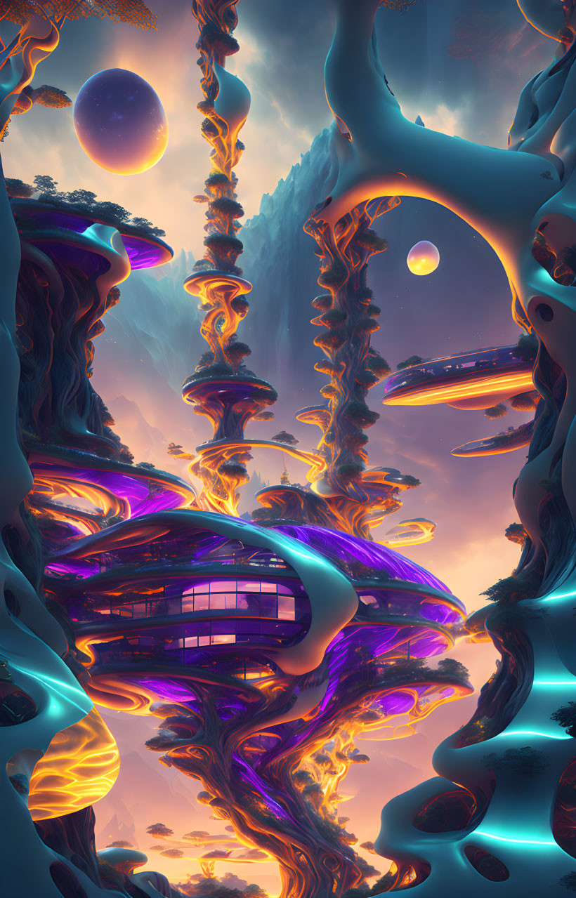 purple biomorphic skyhouse, fantasy scifi space
