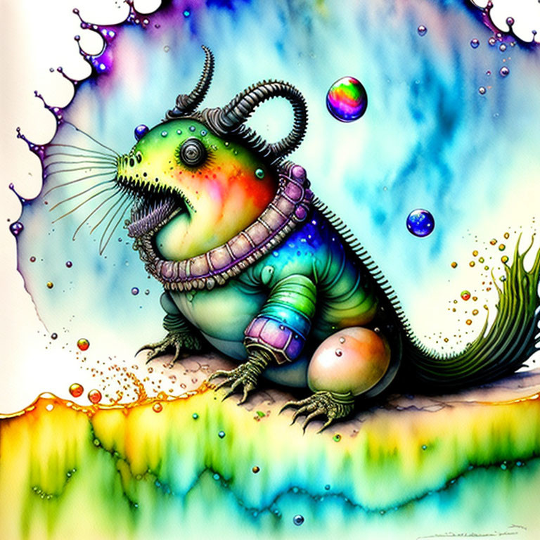 Colorful illustration of whimsical creature with large eyes and fish-like tail in liquid landscape
