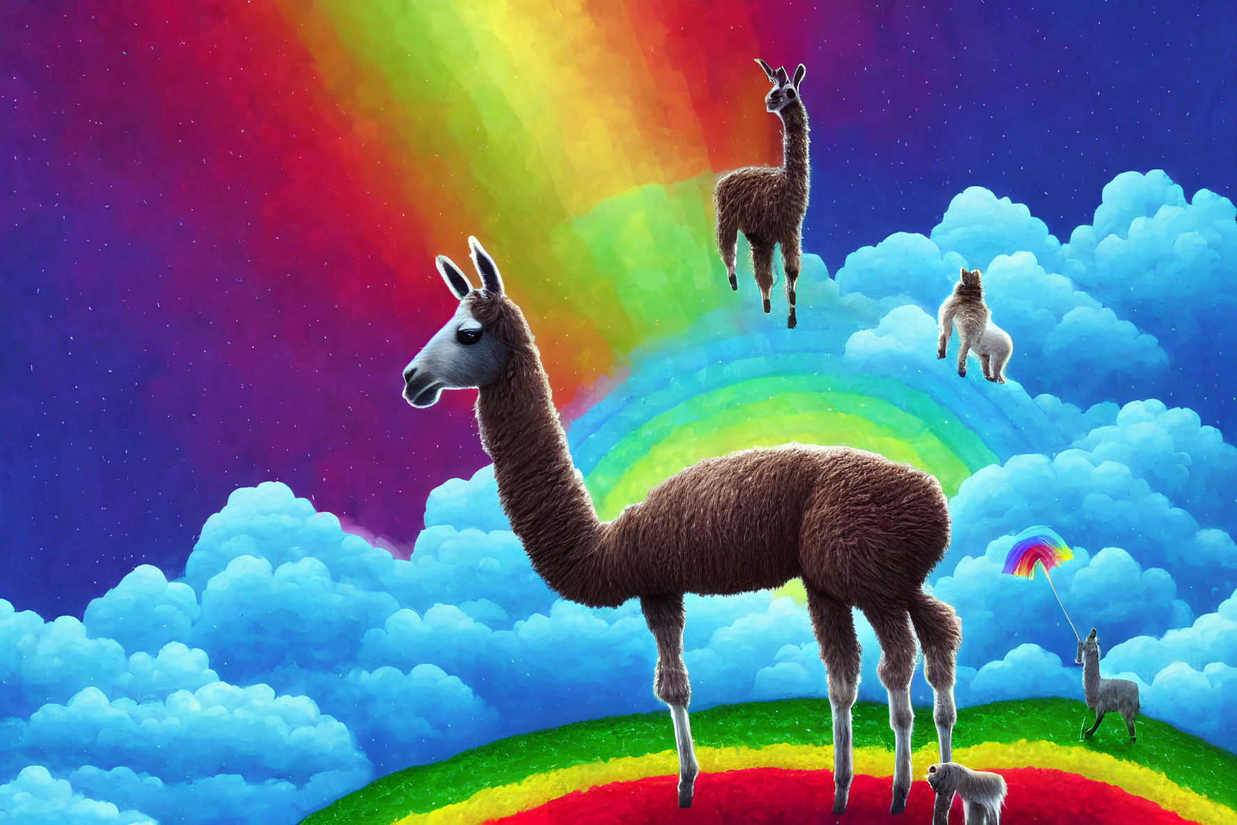 Llamas on clouds with vibrant rainbow hues