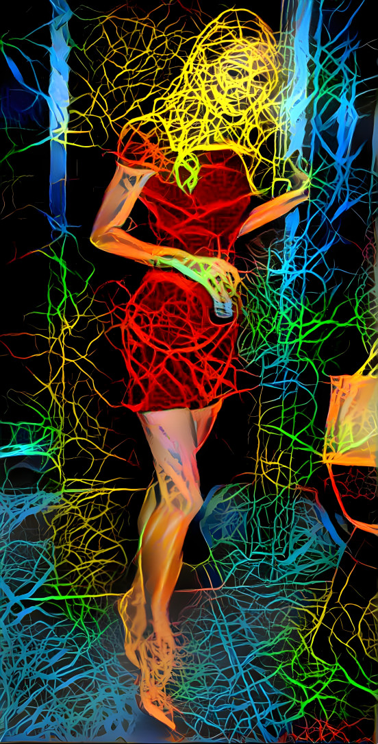 model in red dress, neon lightning