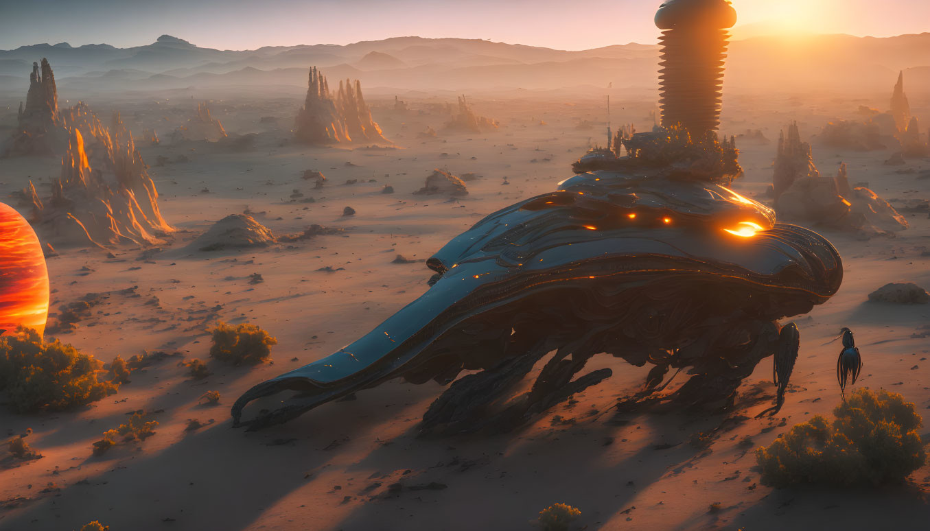 space craft, alien desert sunset landscape