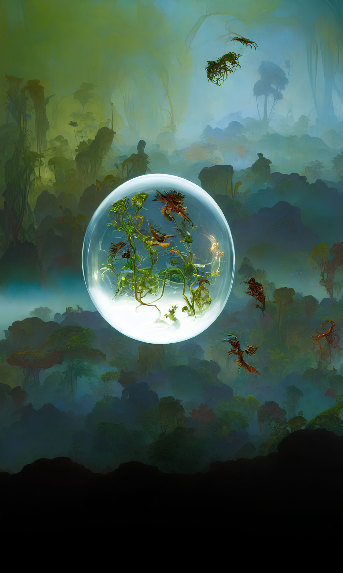 Illustration of glowing orb with vibrant plants above misty forest