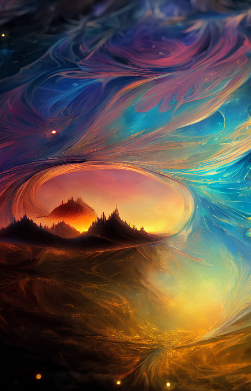 Colorful digital art: Swirling cosmic blues, oranges, and yellows with starry mountains under
