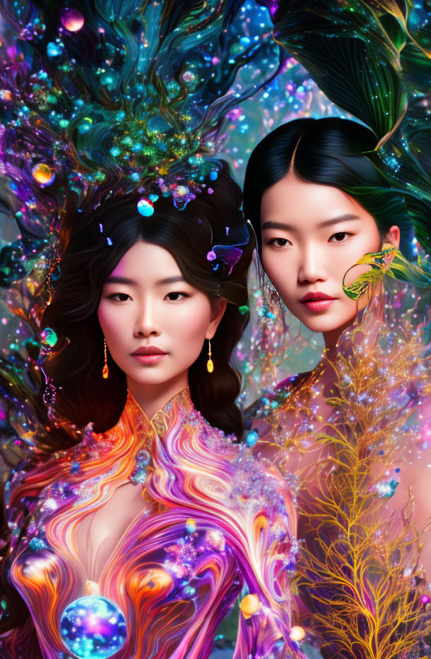 Two Women in Vibrant Fantastical Scene with Swirling Patterns and Butterfly