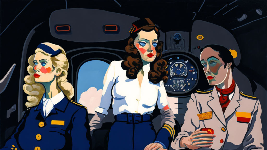 Stylized aviation characters in cockpit with vintage attire