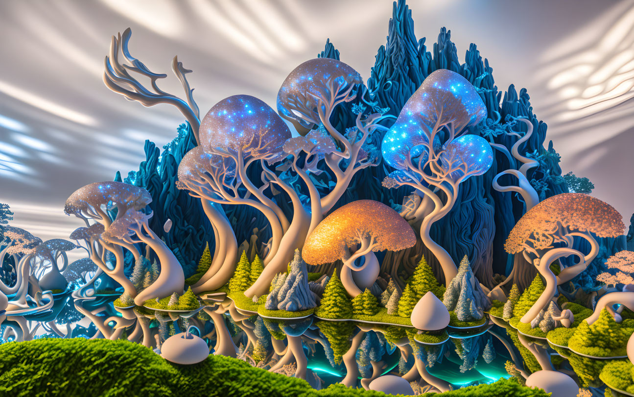 ai, enchanted forest diorama blue grey glow trees
