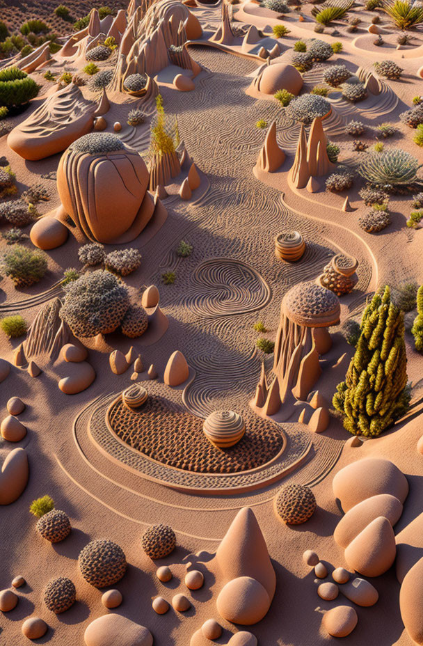 Surreal desert landscape with round shapes and intricate patterns.