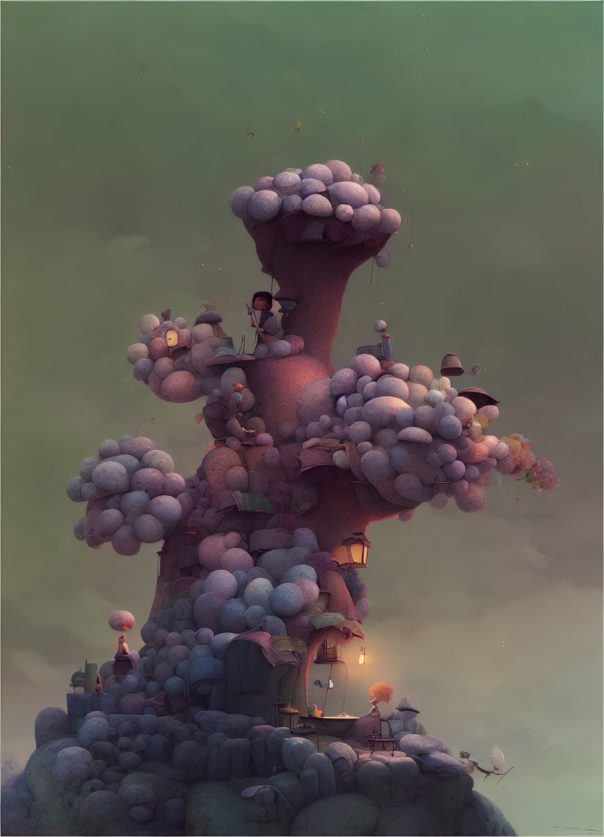 Illustration of towering tree-like structure with mushroom-shaped growths and tiny figures.