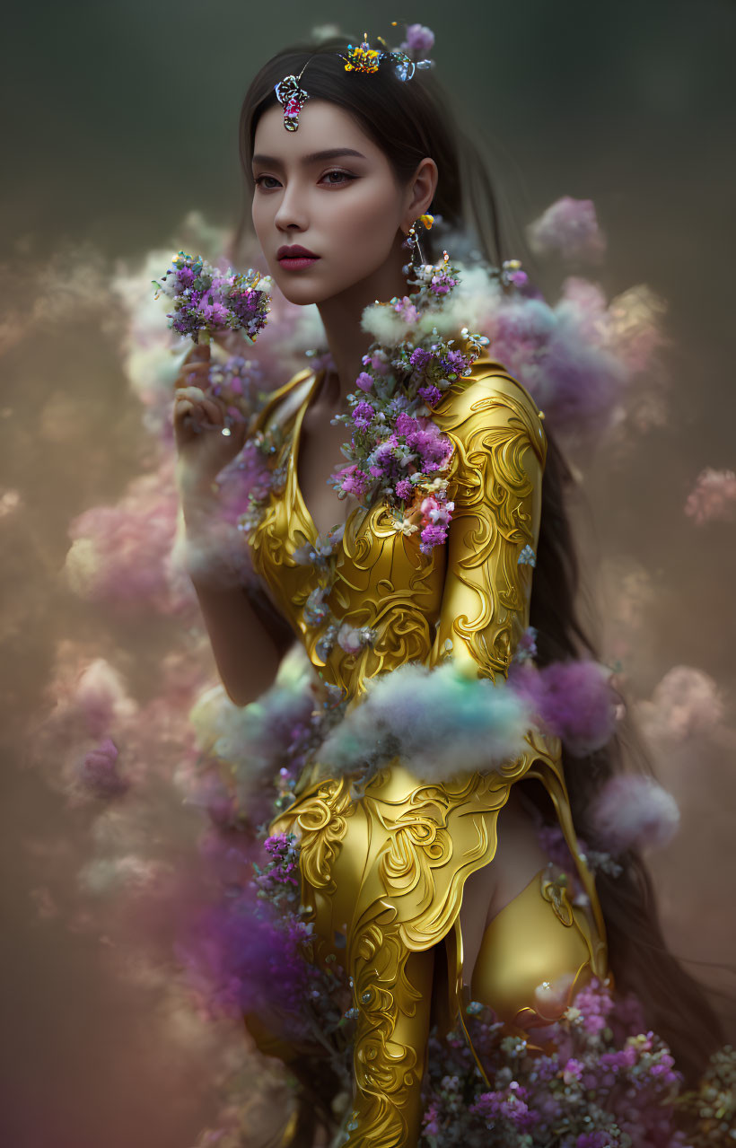Traditional golden outfit woman surrounded by purple flowers in mystical foggy setting