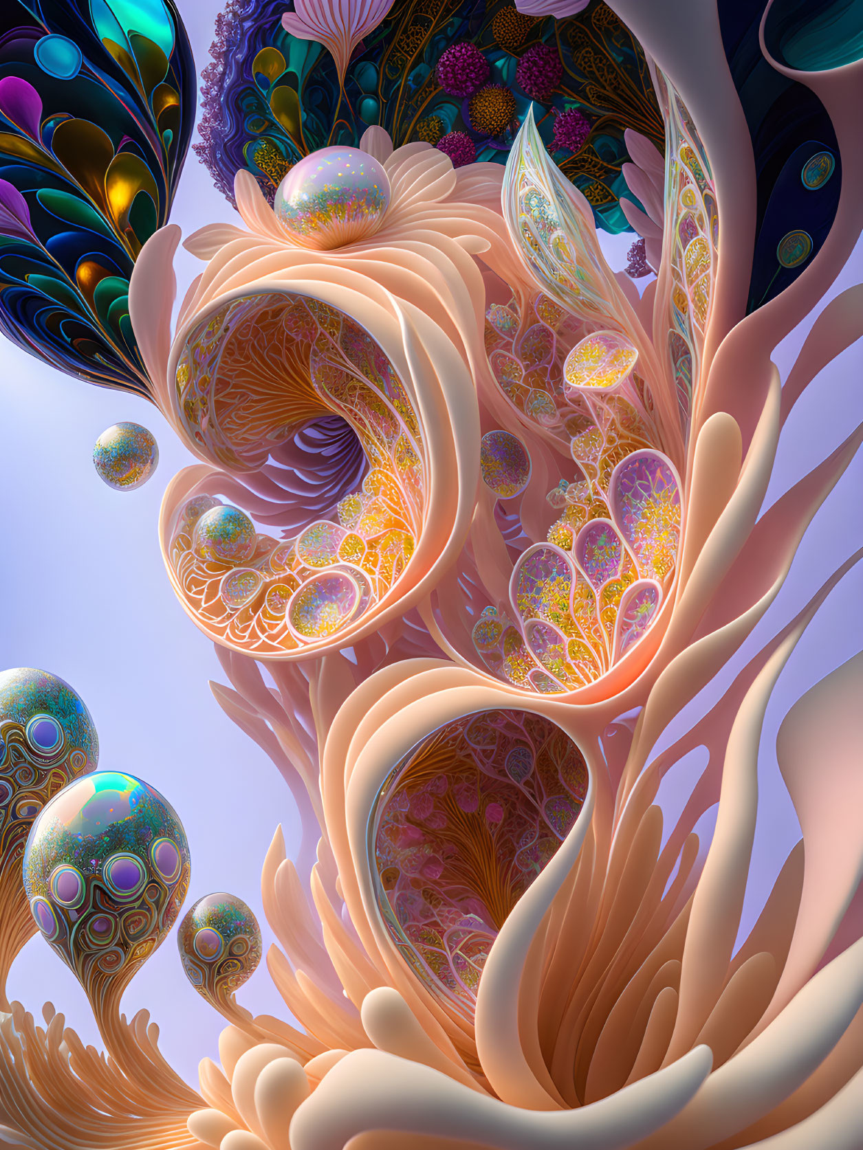 Colorful digital artwork: Intricate organic shapes, pastel colors, floating orbs, detailed patterns