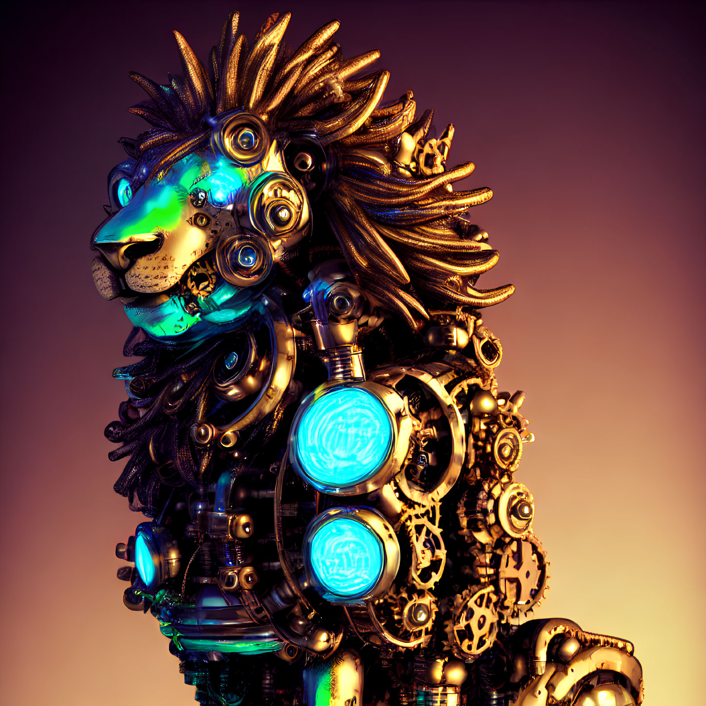 Mechanical lion with intricate gears and blue glowing elements on amber background