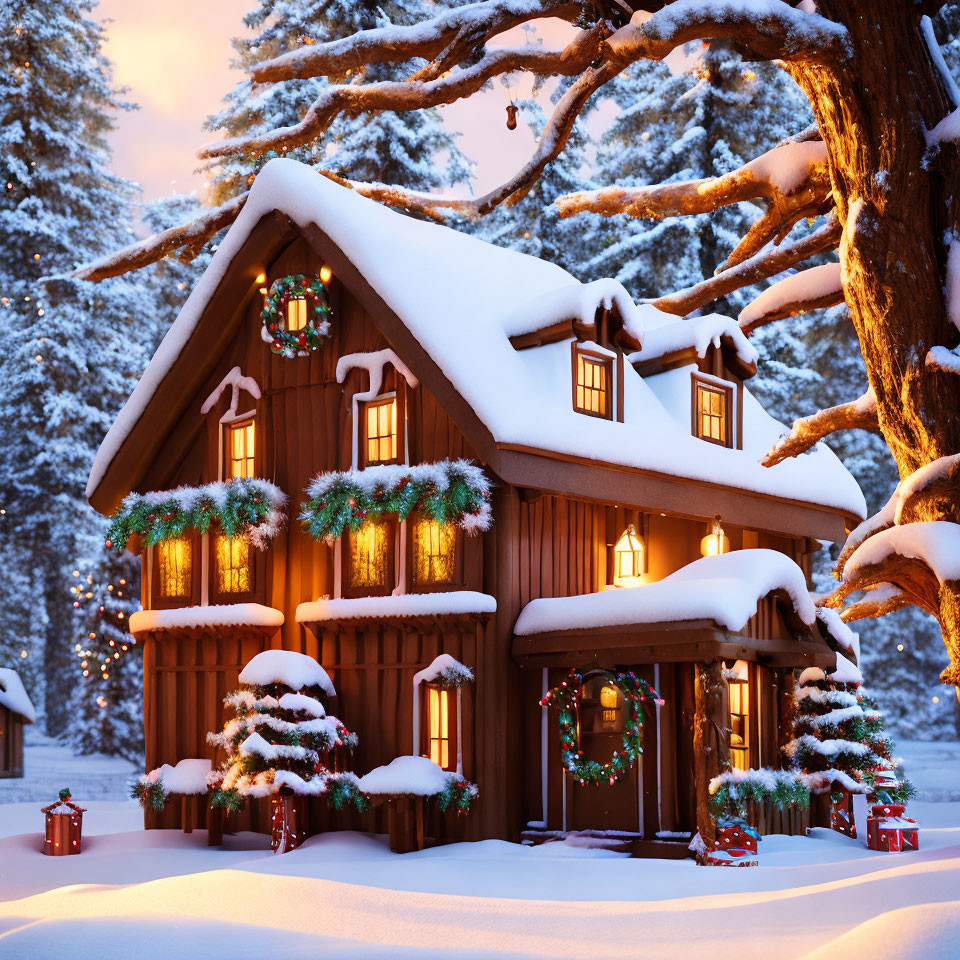Snow-covered forest cabin decorated with festive wreaths and lights