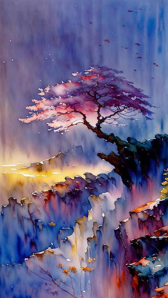 knarled tree grows from cliff watercolor, backlit