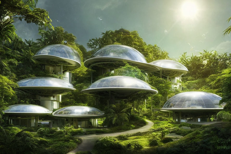 Futuristic domed buildings in lush jungle with sunlight filtering.