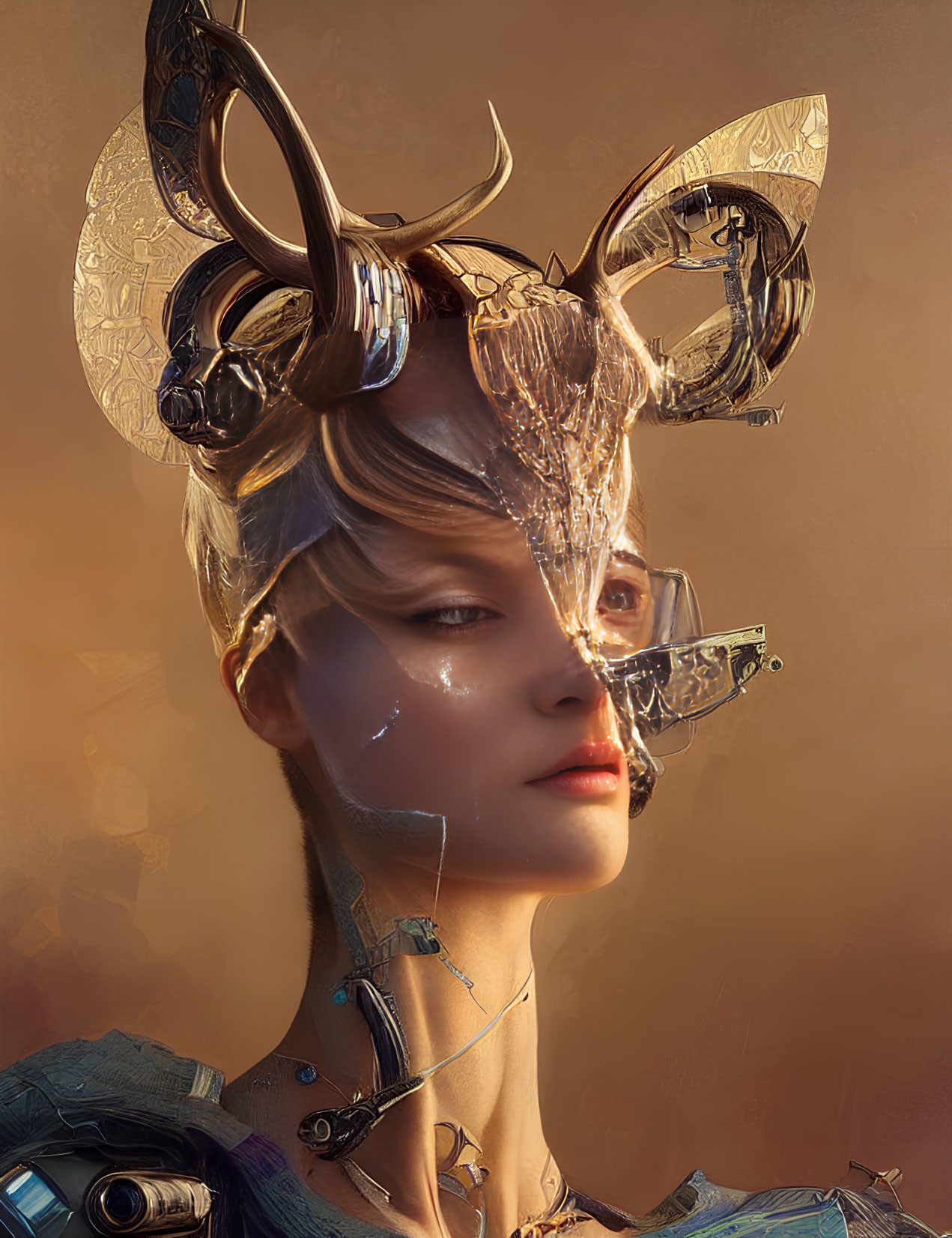 Digital art portrait of woman with cybernetic enhancements and metallic horns on warm-toned backdrop