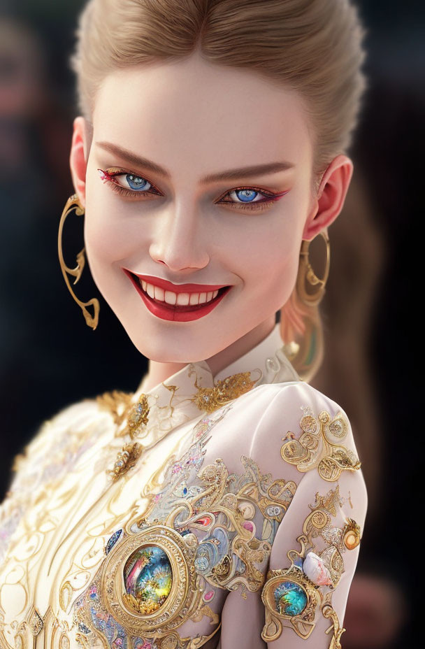 Digital artwork featuring woman with blue eyes, wide smile, golden jewelry, ornate white dress