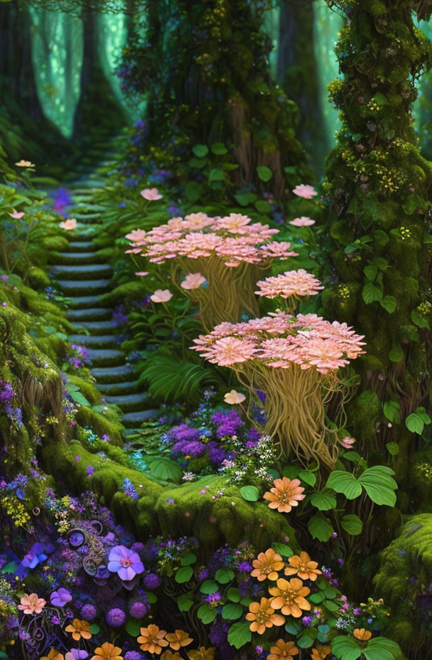 Enchanting Forest Path with Moss, Flowers, Mushrooms & Stone Staircase