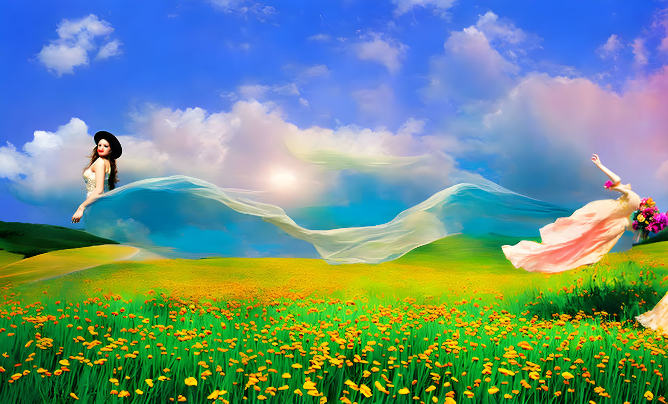 surreal painting, woman in field of summer flowers