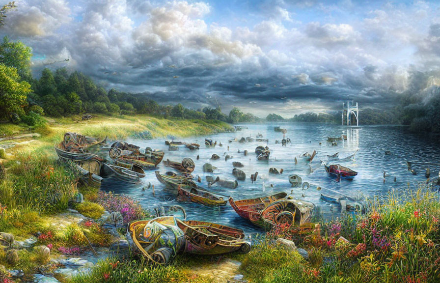Tranquil river landscape with overgrown field, wooden boats, modern bridge, and mist under cloudy