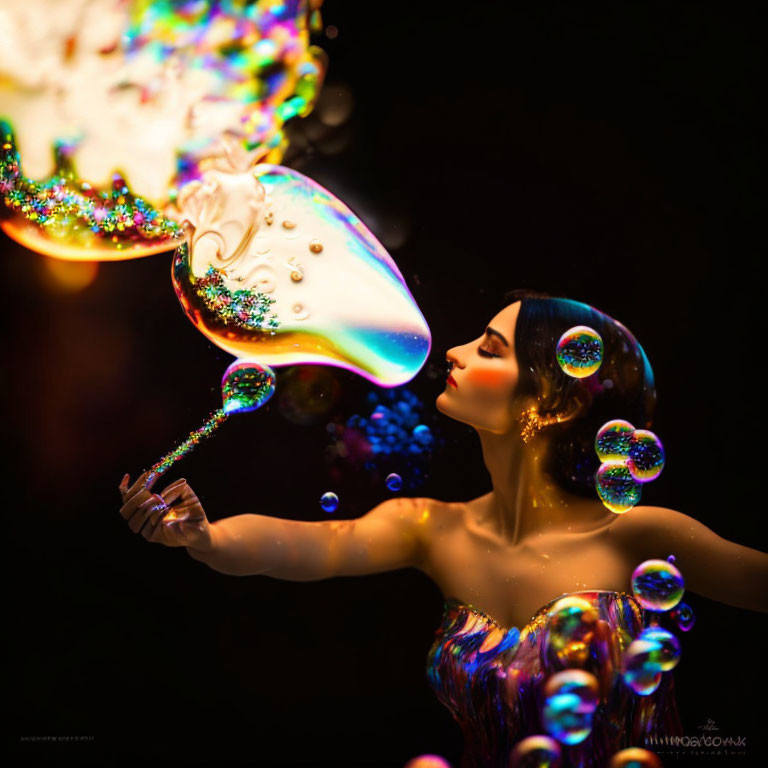 fire breather blowing bubbles at night