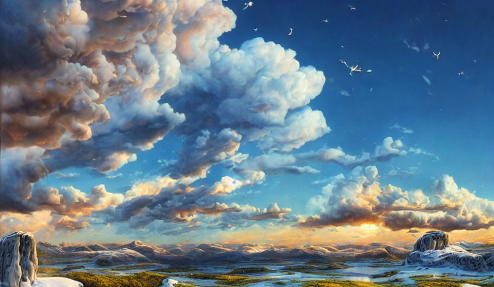 Voluminous Clouds and Birds in Expansive Landscape with Sunlight