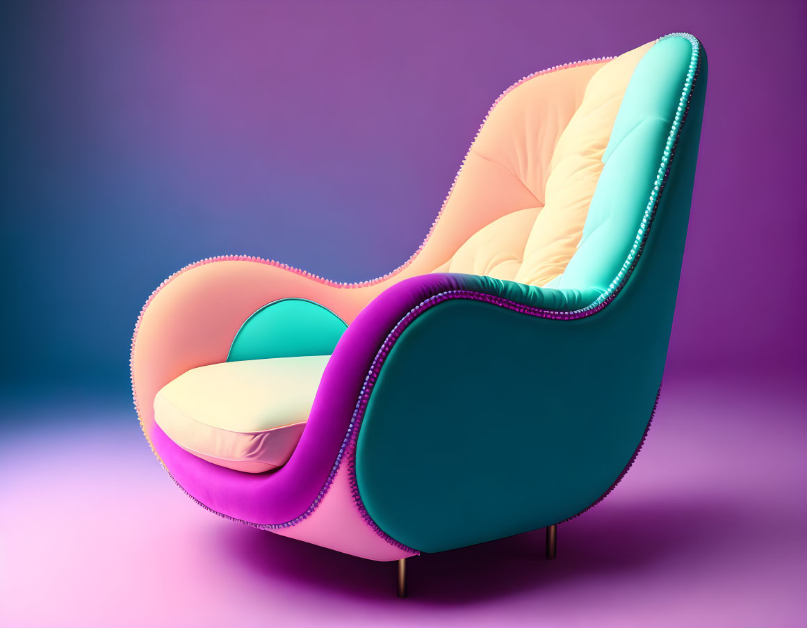Colorful Wavy Design Armchair in Teals, Pinks, and Yellow on Purple Background