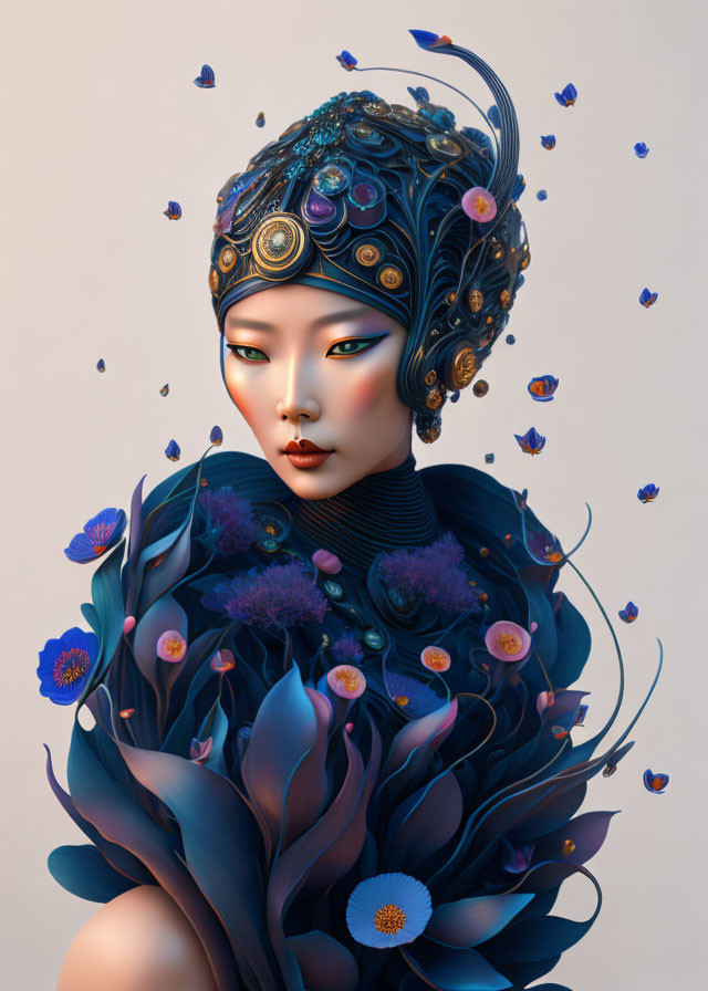 Figure with ornate blue and gold headpiece amidst floating petals and blossoms