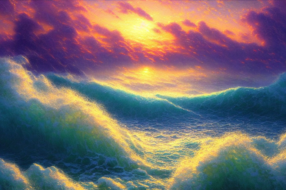 Vivid Purple and Orange Sunset Sky Over Turbulent Sea Waves