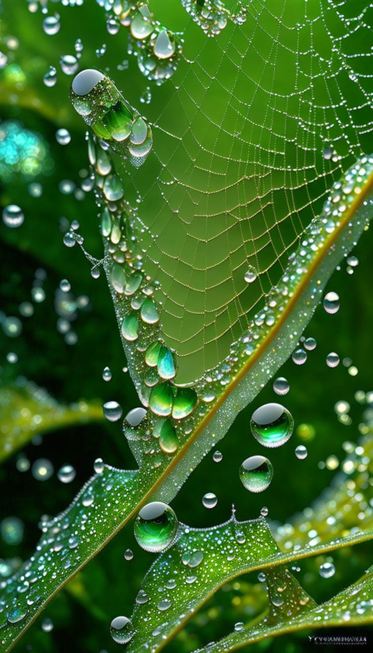 closeup dewdrops, rainforest spiderweb