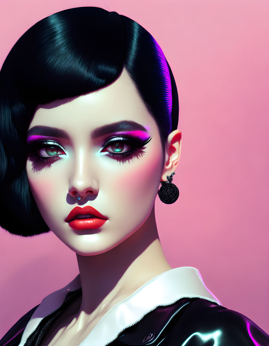 Digital Artwork: Woman with Black Bob Haircut and Pink Makeup