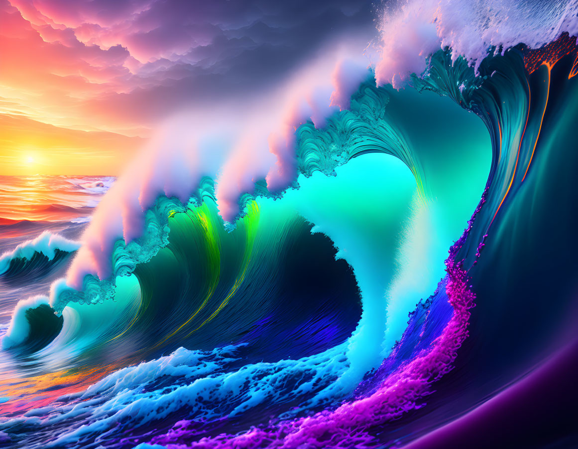 Colorful Waves at Sunset: Surreal Ocean Scene