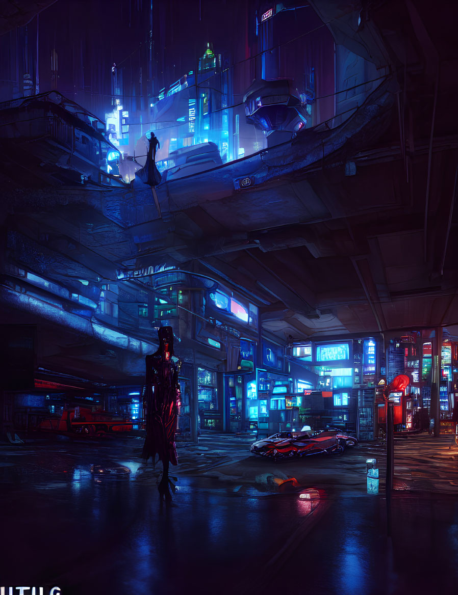 Vibrant futuristic cityscape with neon signs, towering buildings, and flying cars at night