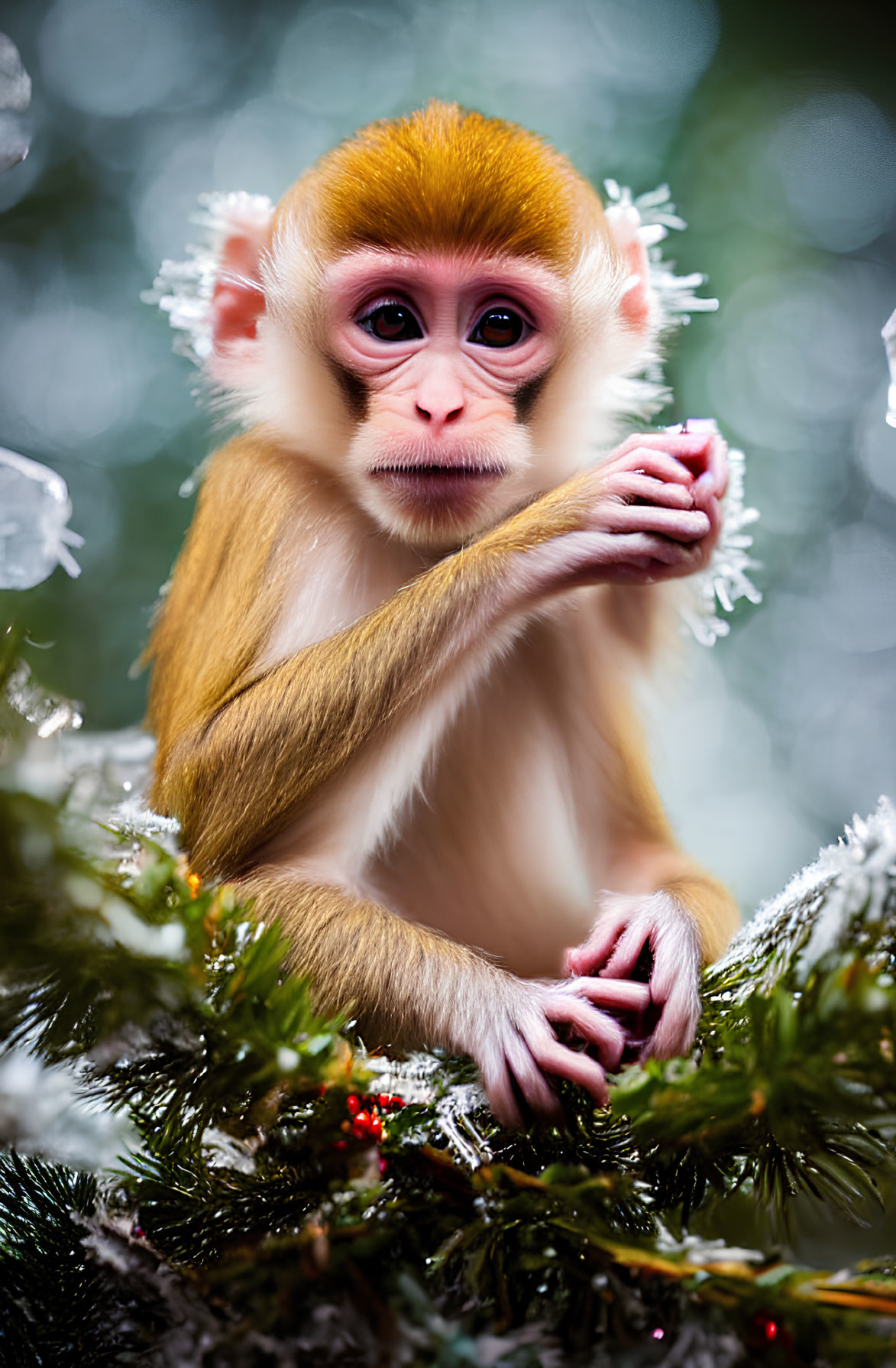 Young monkey with pensive expression in frost-covered greenery