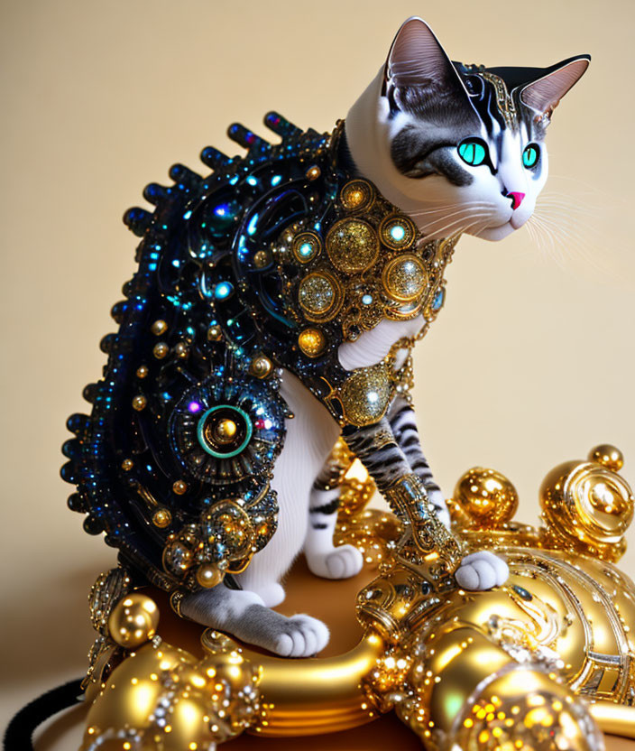Digitally-enhanced cat with blue eyes in jeweled harness on warm background