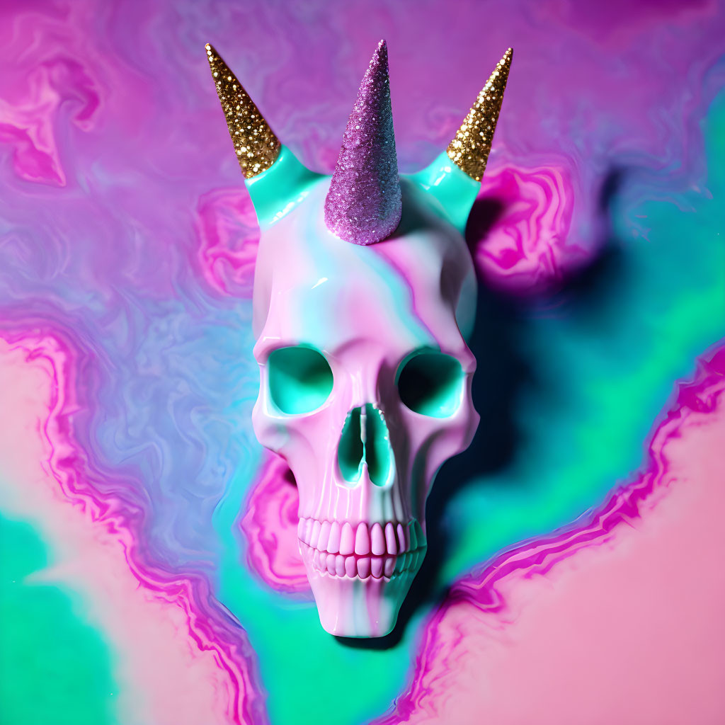 carved unicorn skull, pink swirly glitter marble