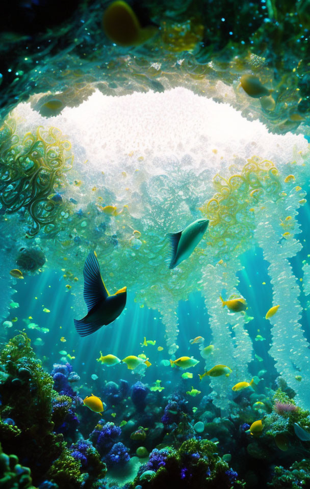 Underwater scene with sunlight filtering, two fish among coral and sea anemones.