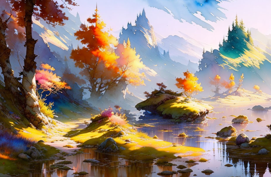 ai, watercolor fall landscape painting