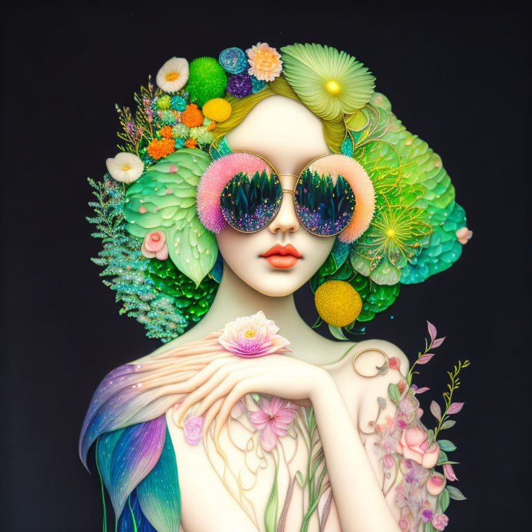 Vibrant floral wreath woman with round sunglasses on dark background