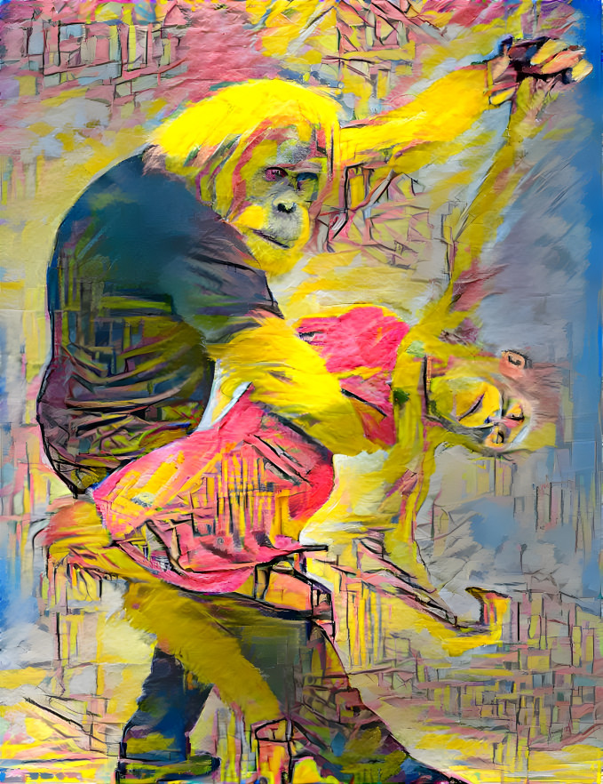 monkeys dancing, retextured yellow, pink, painting