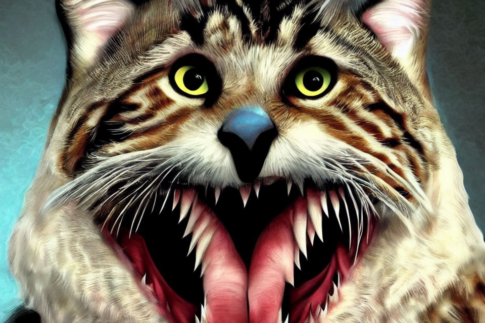 Exaggerated fierce cat with sharp fangs and green eyes