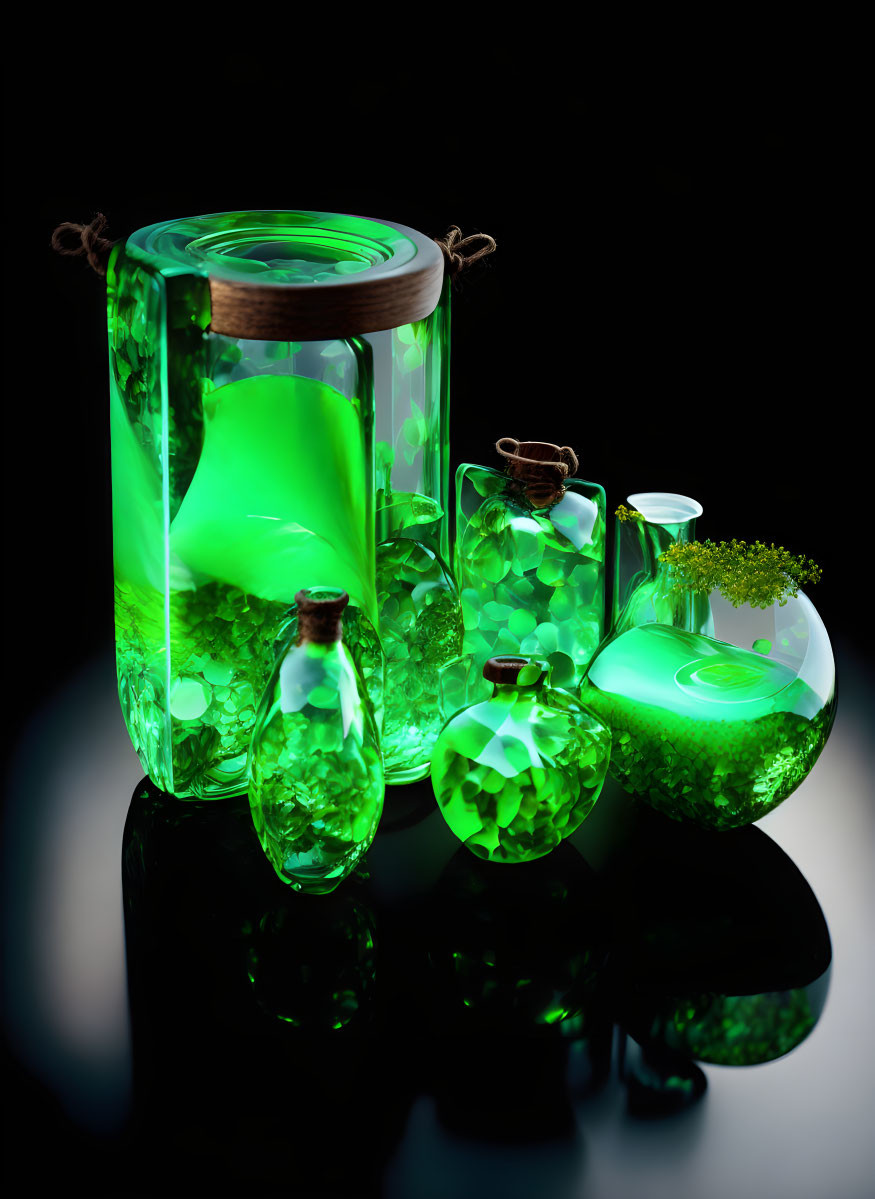 green glass bottle collection, glow