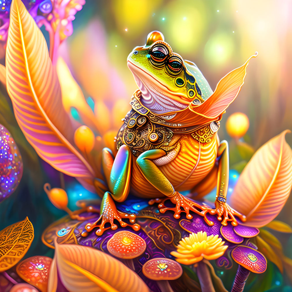 Colorful Frog Illustration on Fantasy Foliage in Kaleidoscopic Setting