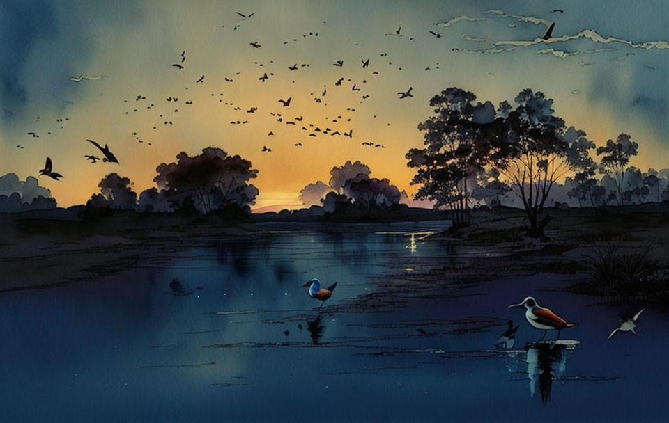 Tranquil watercolor landscape: Birds, wading birds, silhouetted trees at dusk