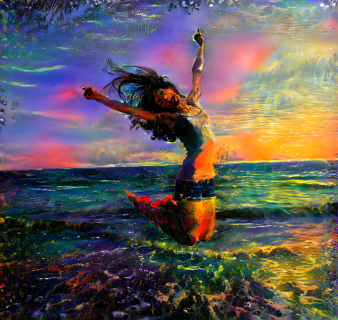 model jumping in front of ocean, iridescent