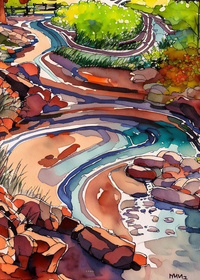 areal view of riparian stream watercolor