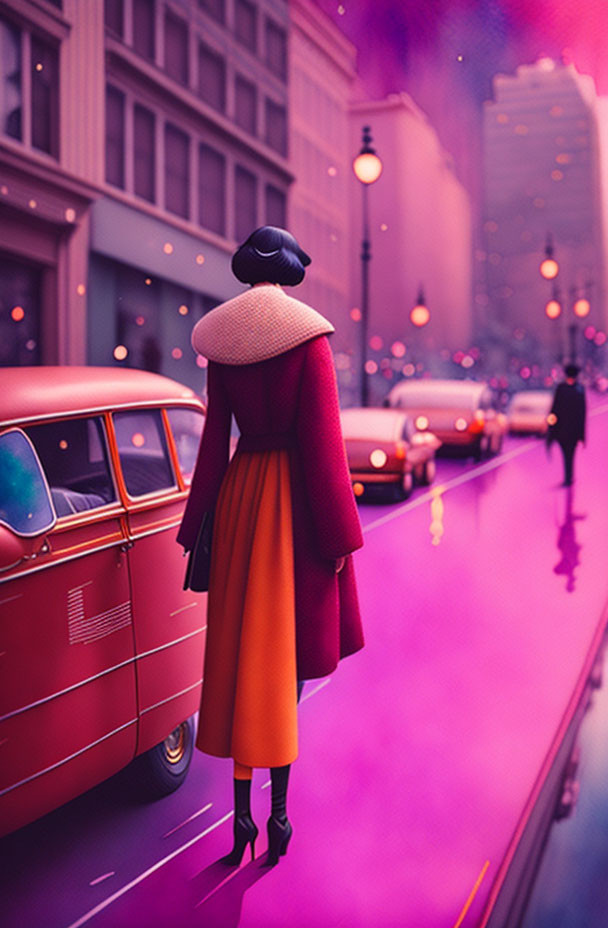 Woman in yellow dress and red coat on vibrant purple street with city buildings and cars at dusk.