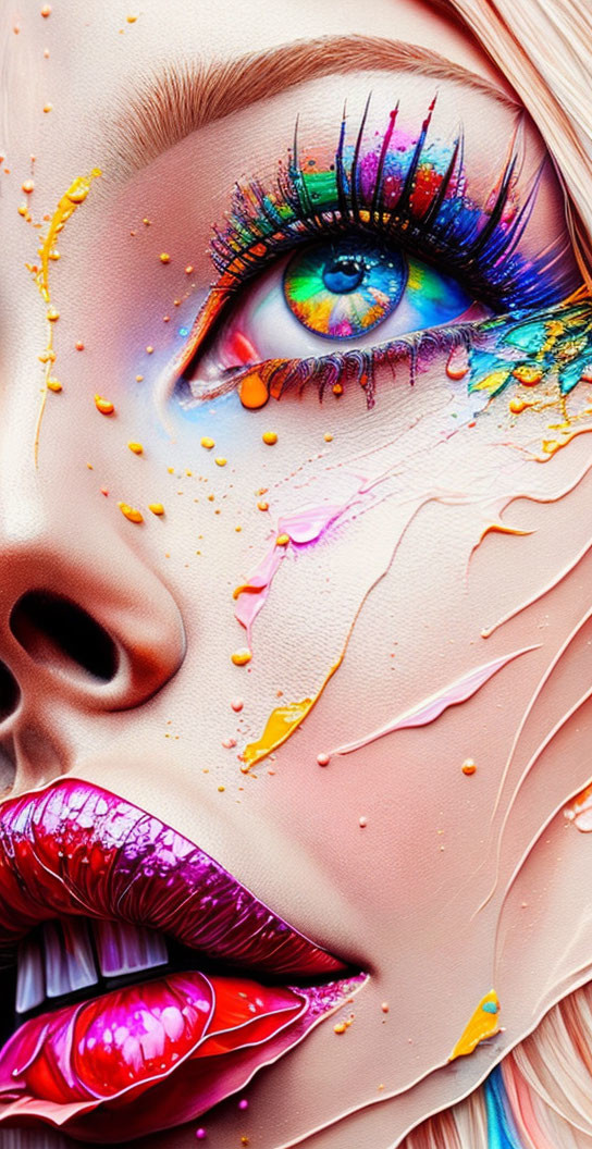 Detailed digital portrait of a woman with vibrant makeup and colorful eyelashes.
