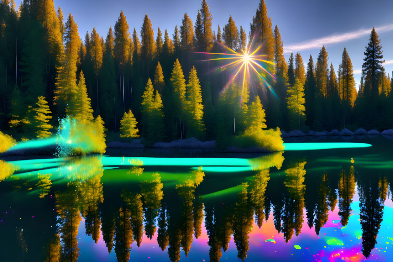  sun shining through trees onto smooth aqua lake