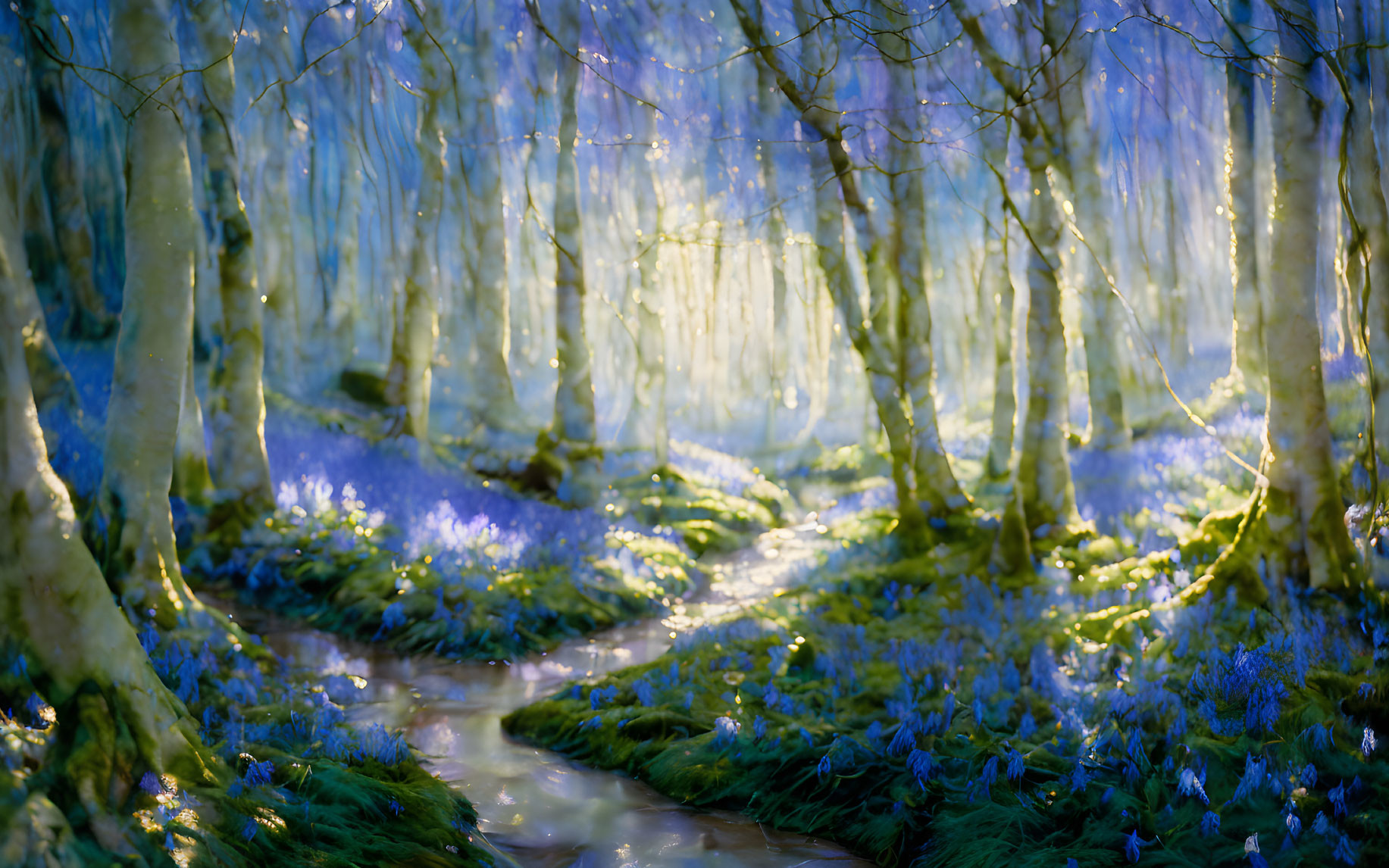 Sunlit Bluebell Forest with White-Barked Trees