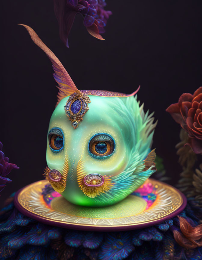 Teal feathered creature with gold eyes on jeweled platform